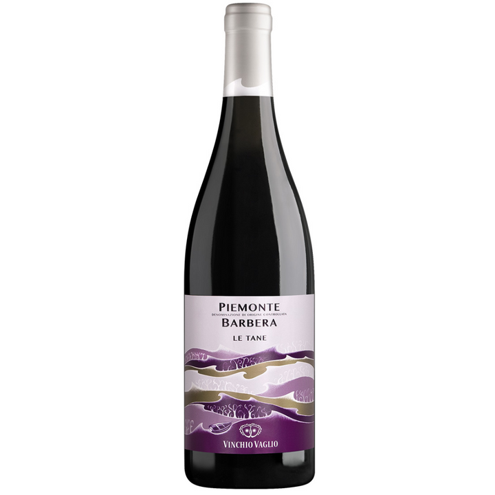 Vinchio Vaglio Le Tane Barbera Piemonte DOC wine bottle with a modern label design featuring soft purple and white hues.