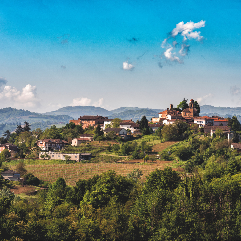 Stunning view of the rolling hills and vineyards of Piedmont, Italy, under a bright blue sky.