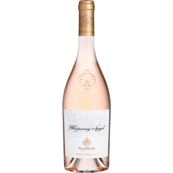 Whispering Angel Rosé standard bottle featuring its signature embossed crest and minimalist label, displayed against a plain background.