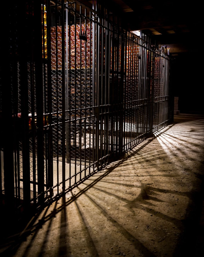 Secured wine cellar of Chateau D'Yquem with a locked cage containing aging wine bottles.