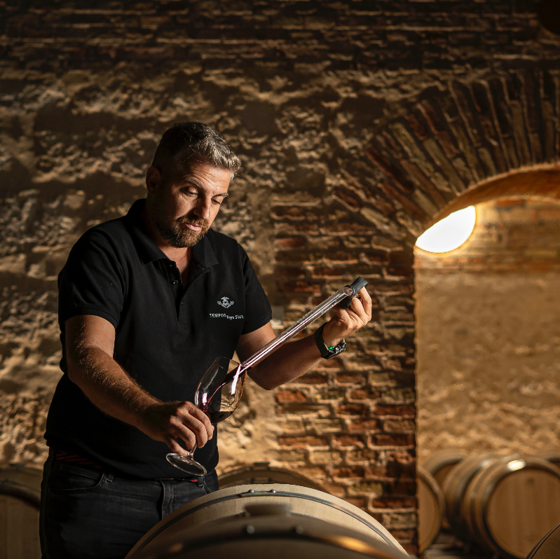 A winemaker in a historic cellar sampling wine from a barrel with a wine thief, ensuring quality during the aging process.