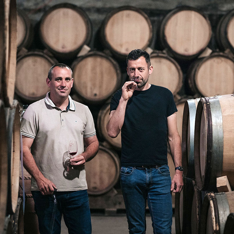 Two winemakers tasting wine in a barrel room