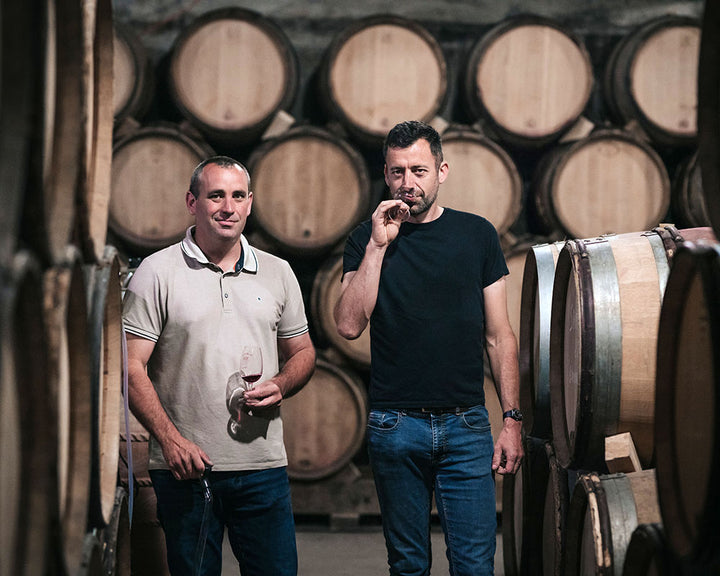 Two winemakers tasting wine in a barrel room