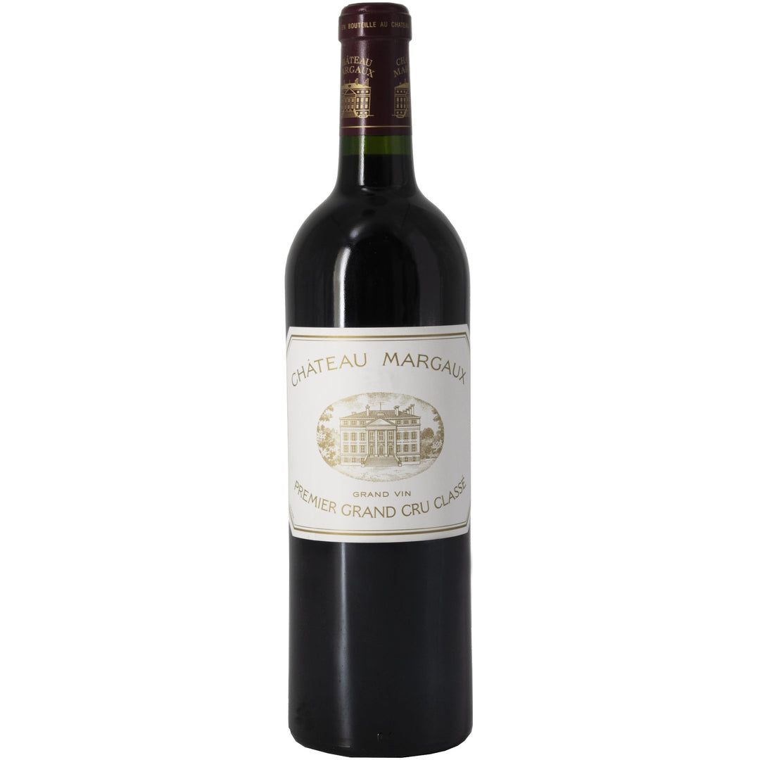 Iconic Chateaux Margaux Bordeaux Wine Bottle with White label and famous Chateau Image in Gold.