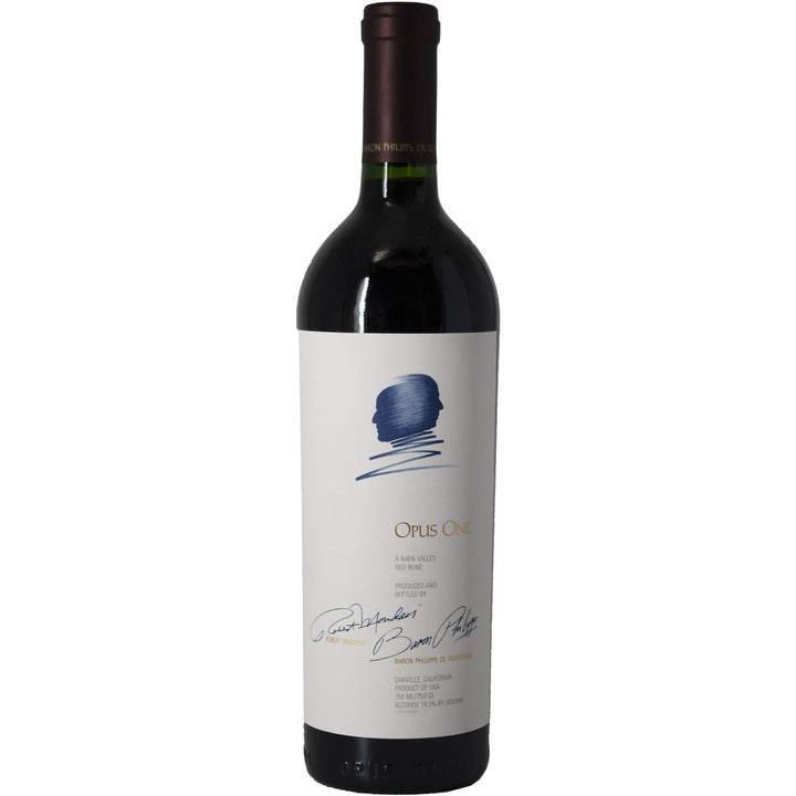 Opus One legendary Napa Valley Bottle with iconic white label and gold lettering.