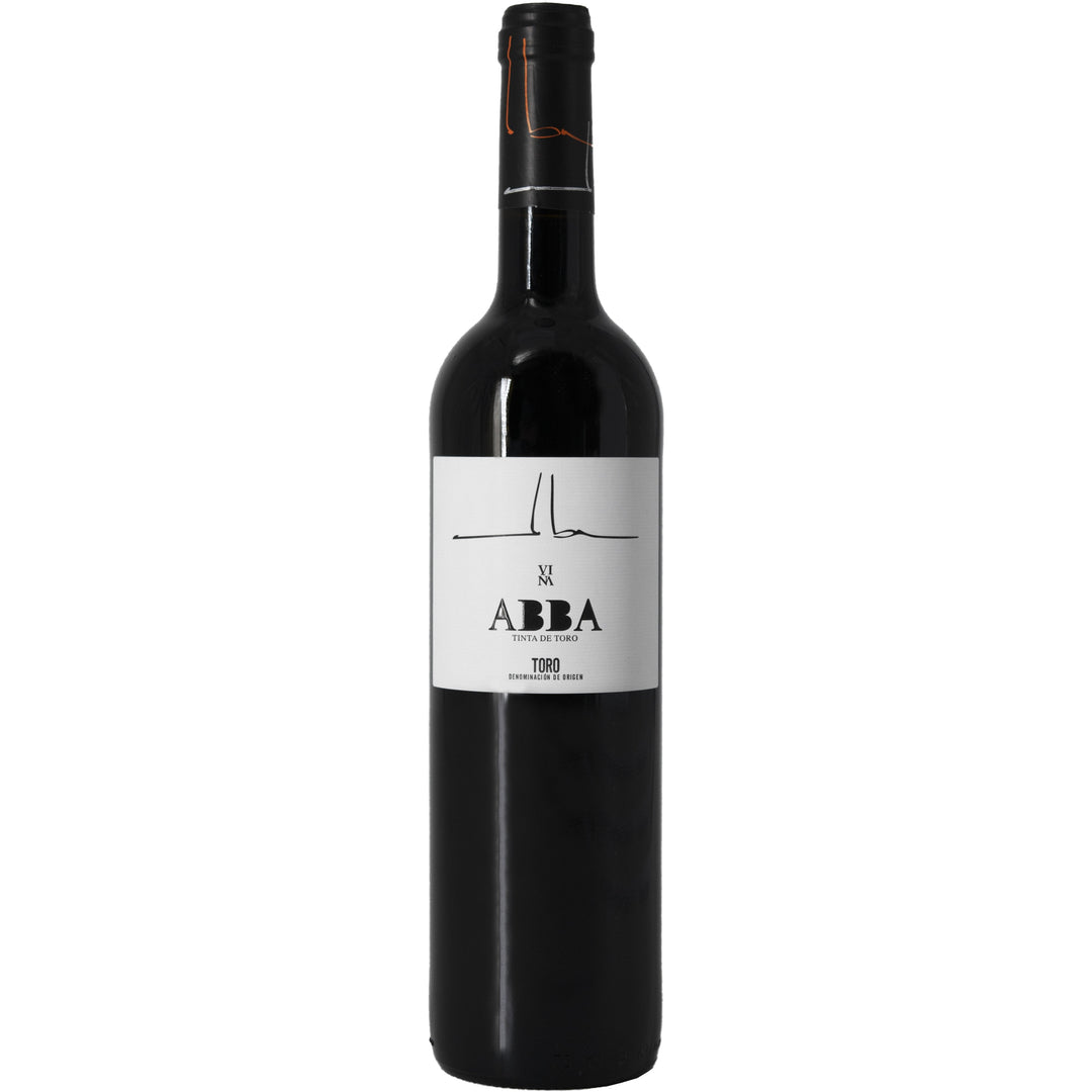 Bottle of Abba Tinta de Toro 201 red wine from Toro, Spain, with a sleek black and white label.