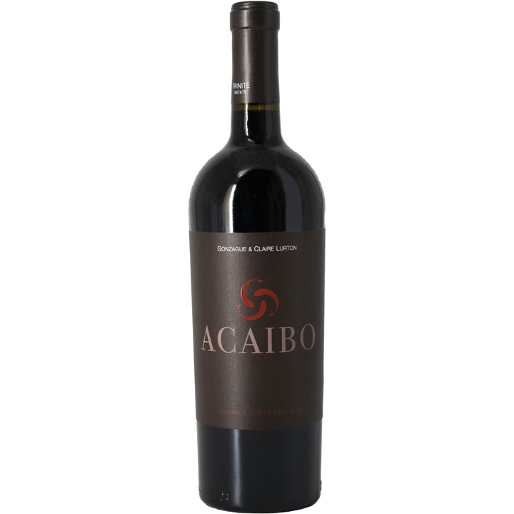 A bottle of Acaibo red wine from Trinité Estate in Sonoma County, featuring an elegant dark label and Bordeaux-inspired craftsmanship.