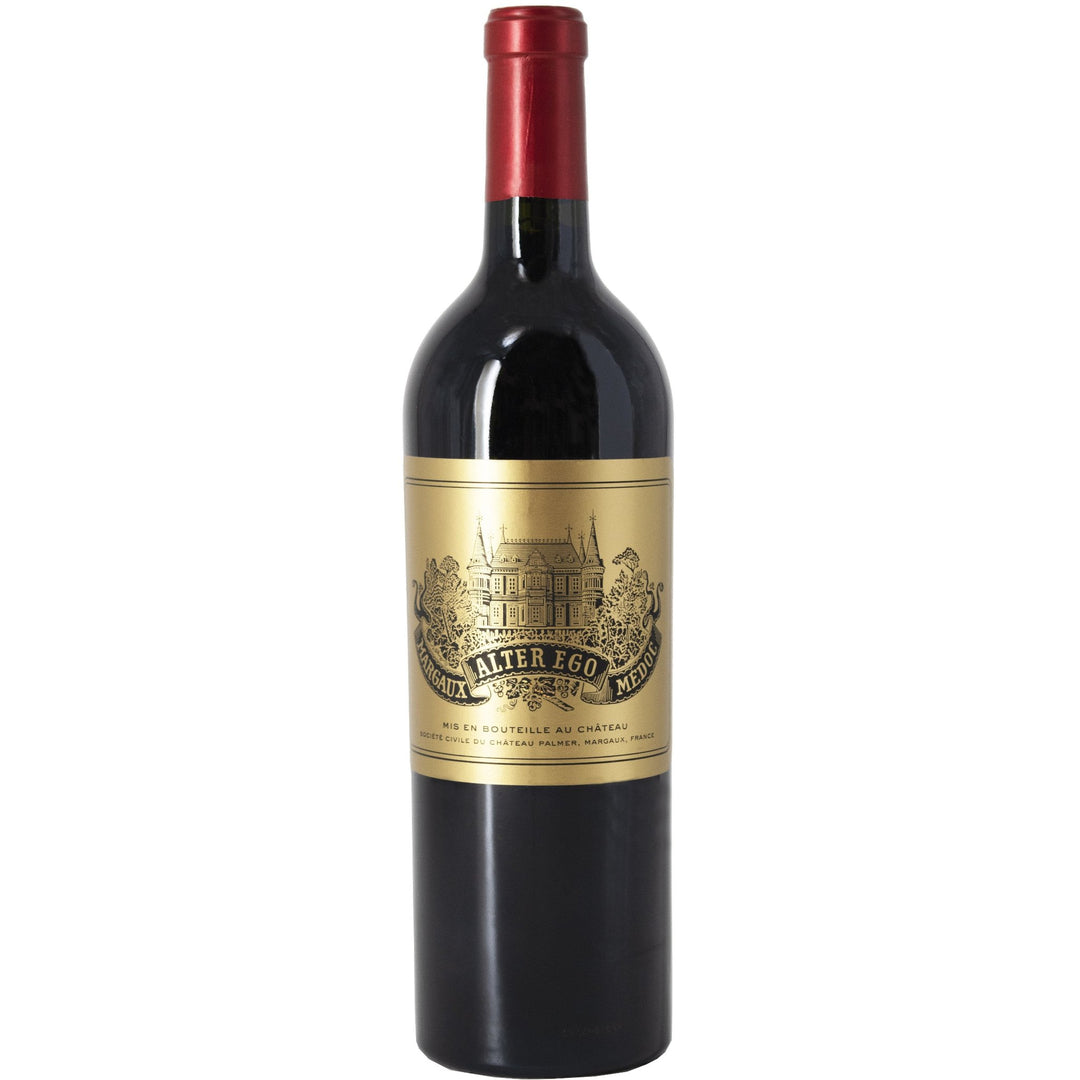 Alter Ego de Palmer Margaux wine bottle, featuring a luxurious gold label, representing a premium Bordeaux red wine from the esteemed Margaux appellation