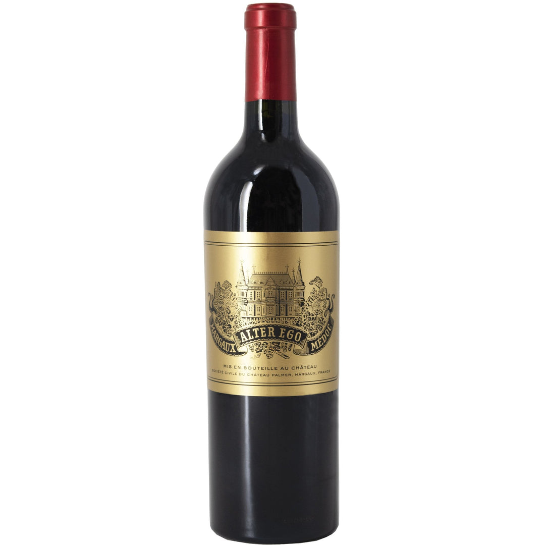 Alter Ego de Palmer Margaux wine bottle, featuring an elegant gold label with the iconic château illustration, representing this distinguished Bordeaux red wine from the Margaux appellation, known for its balanced, refined character