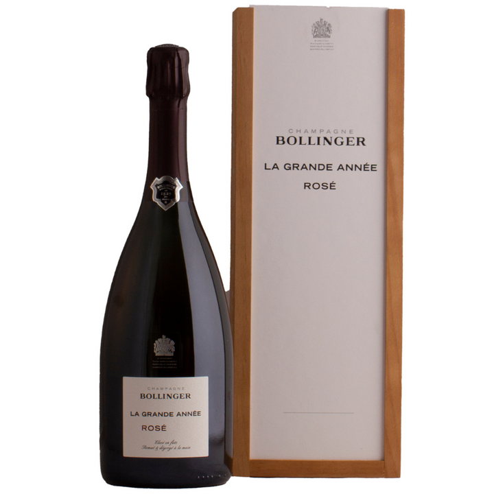 Bollinger La Grande Année Rosé Champagne with wooden gift box.