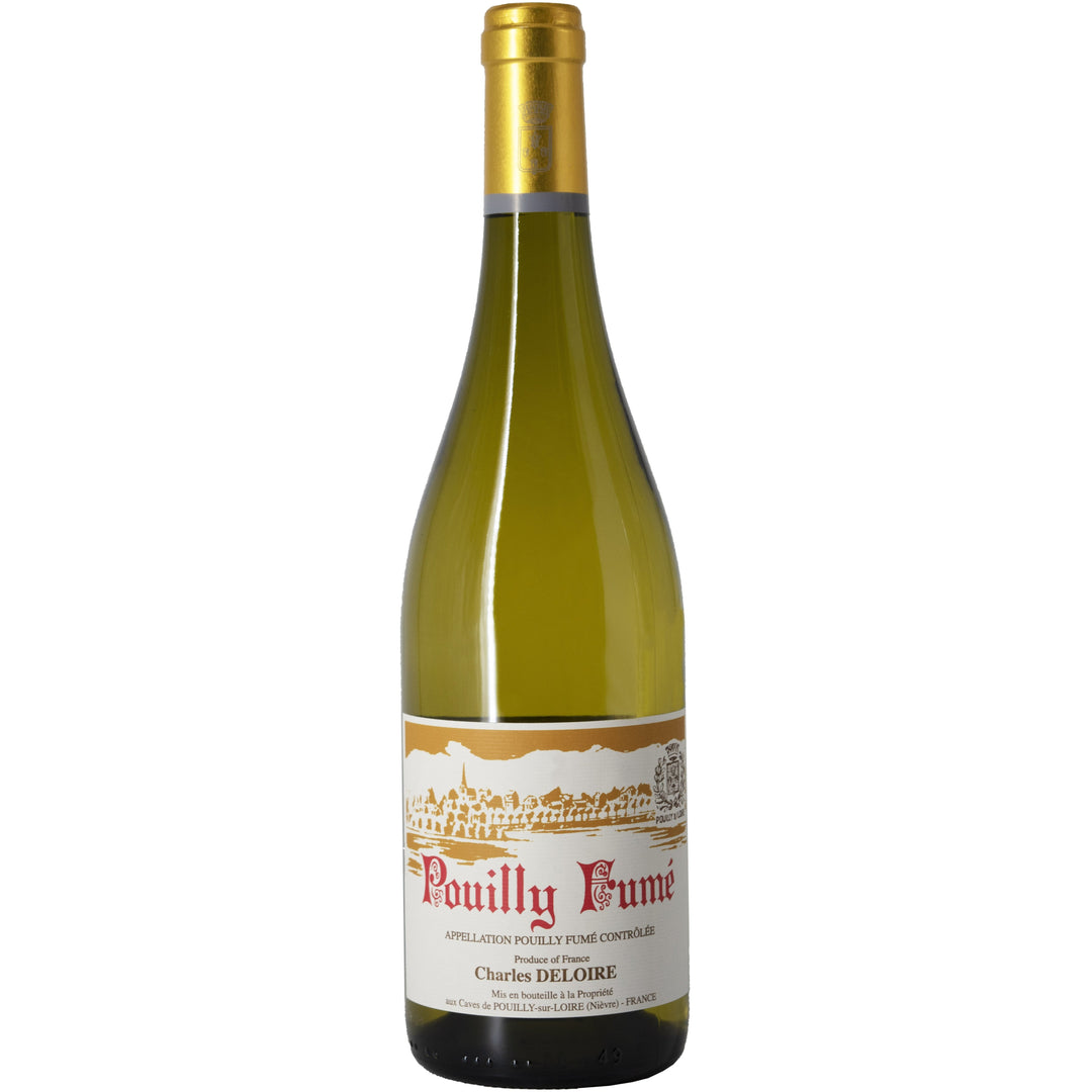 Charles Deloire Pouilly-Fumé wine bottle with golden foil, showcasing the traditional label against a plain background.