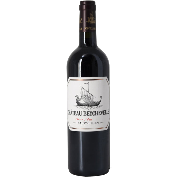 Château Beychevelle Grand Vin Saint-Julien wine bottle, featuring the iconic sailing ship emblem, representing this prestigious Bordeaux red wine from the Saint-Julien appellation, known for its elegance, depth, and balance