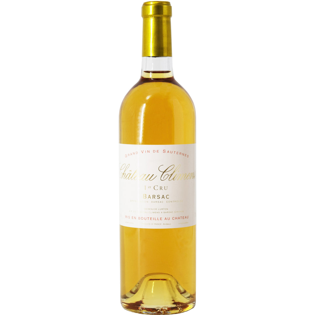 A bottle of Château Climens Premier Cru Barsac Sauternes wine, showcasing its golden color and refined label.