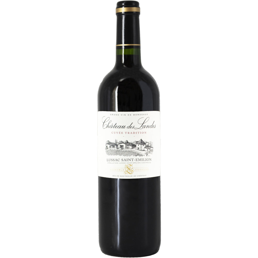 A bottle of Château des Landes Cuvée Tradition, a refined red wine from Lussac Saint-Émilion, Bordeaux, featuring a classic label with vineyard imagery.