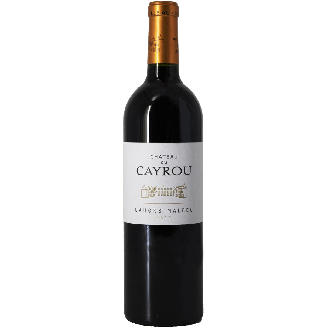 Château du Cayrou Cahors Malbec 2011 red wine bottle featuring a white label with an elegant gold château illustration and an orange foil capsule.