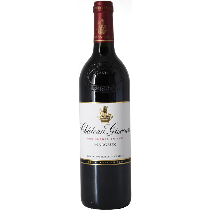 A bottle of Château Giscours, a prestigious Grand Cru Classé red wine from Margaux, Bordeaux, featuring an elegant embossed label and deep red capsule.