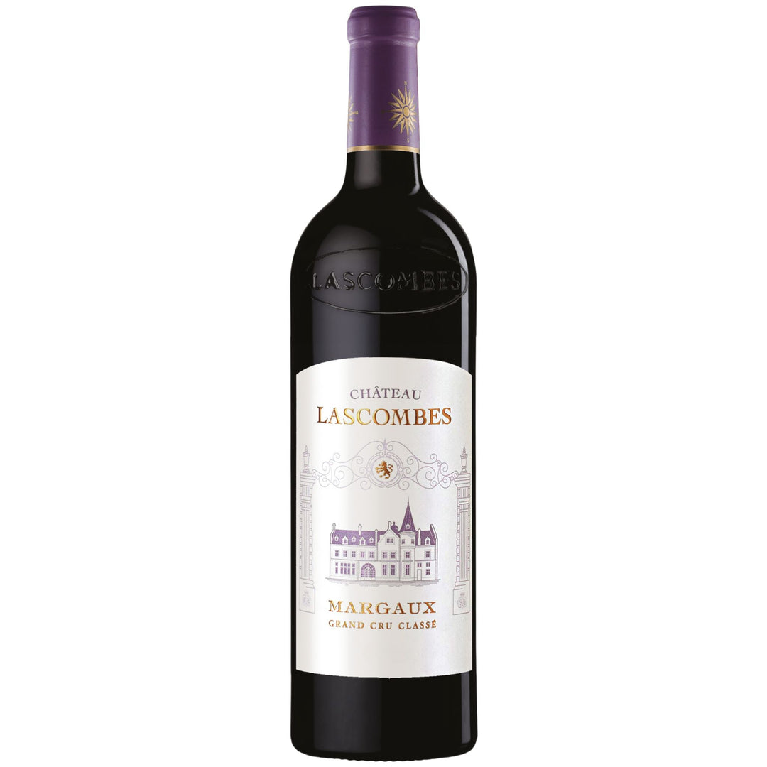 Château Lascombes Margaux Grand Cru Classé red wine bottle with a white label featuring an elegant château illustration and a distinctive purple foil capsule.