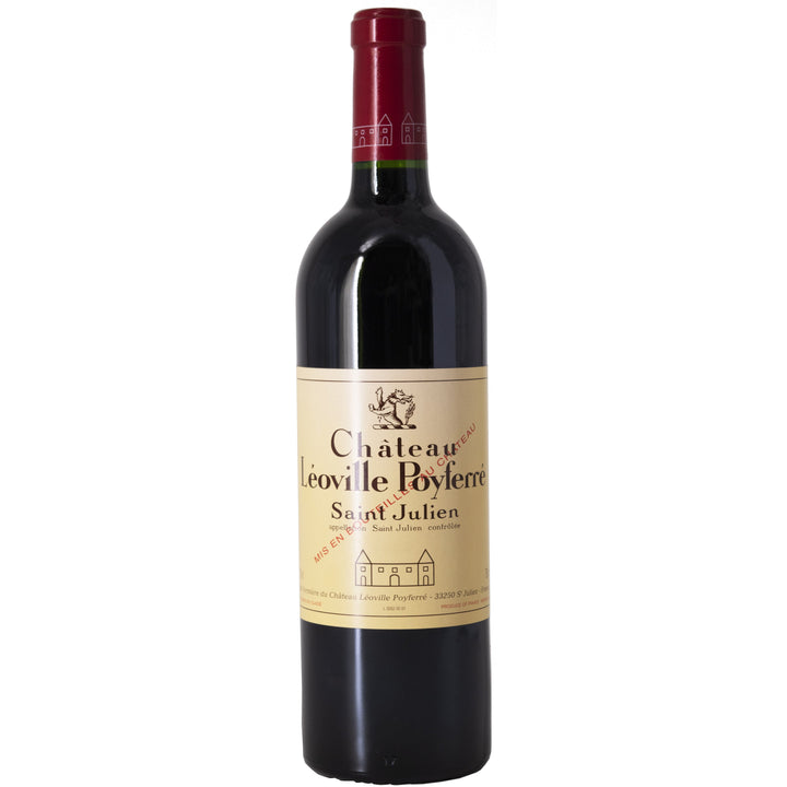 A bottle of Château Léoville Poyferré, a prestigious Bordeaux red wine from Saint-Julien, featuring a classic label with elegant typography and a red capsule.