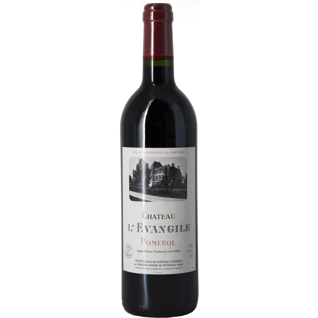 Bottle of Château L'Évangile Pomerol red wine, a prestigious Bordeaux wine known for its rich flavors and elegant structure.