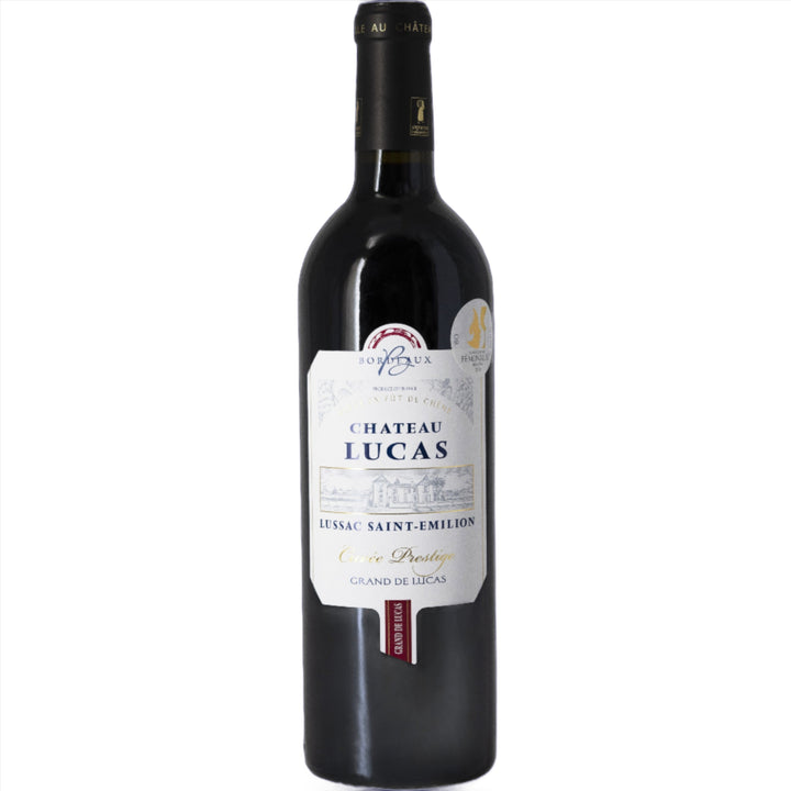 Château Lucas Lussac Saint-Émilion Cuvée Prestige Grand de Lucas red wine bottle.