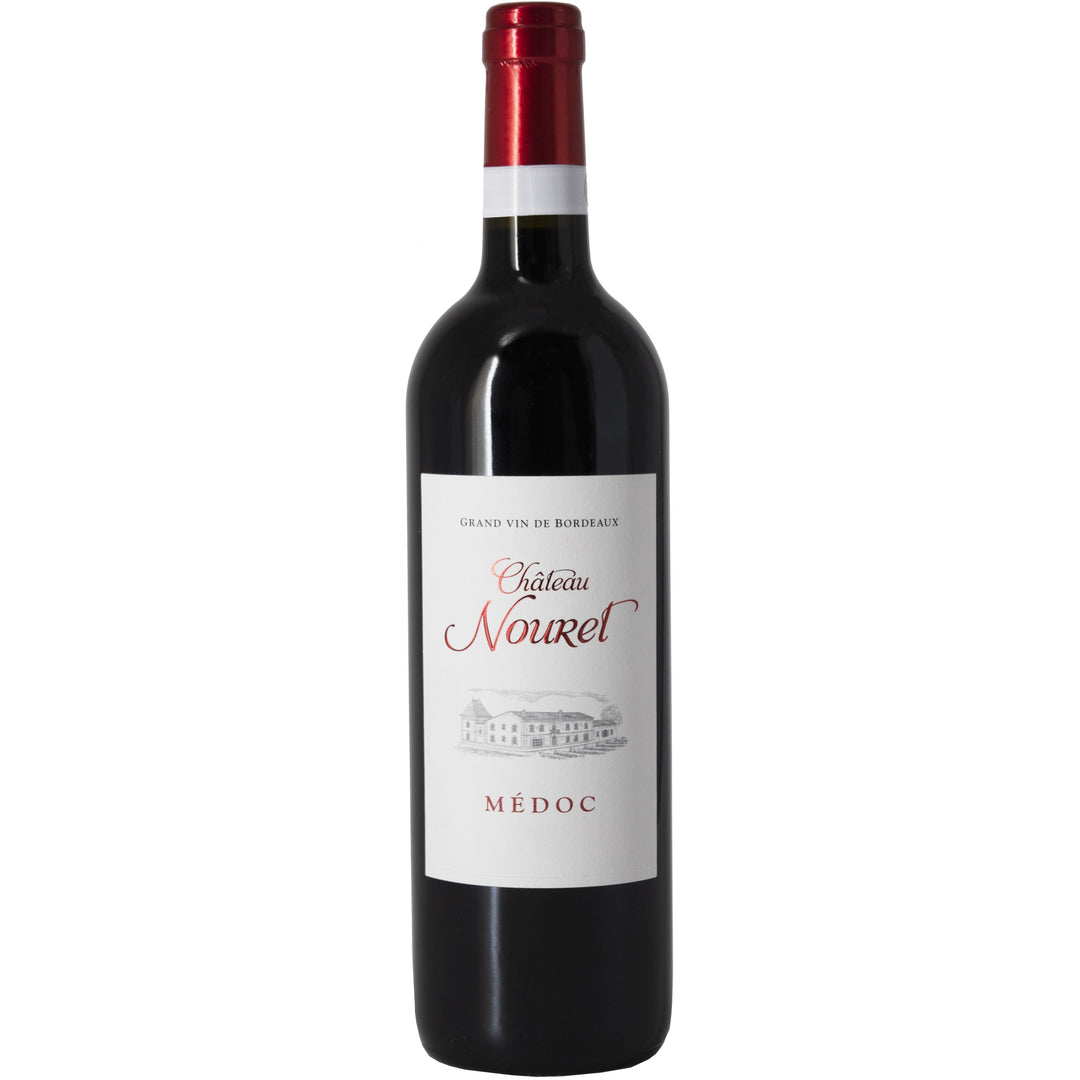 A bottle of Château Nouret Médoc, a distinguished Bordeaux red wine from the Médoc region.