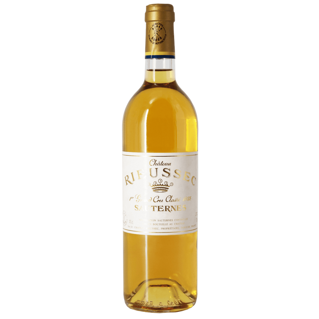 Château Rieussec Sauternes Premier Grand Cru Classé sweet white wine bottle, featuring a golden hue and elegant label.