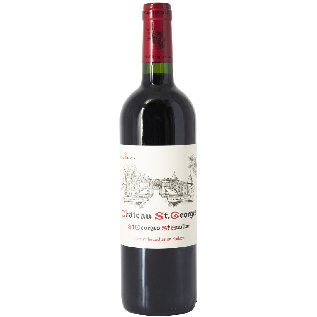 A bottle of Château Saint-Georges Saint-Émilion, showcasing its classic label and deep red Bordeaux wine.