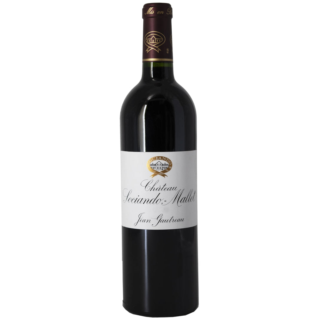 A bottle of Château Sociando-Mallet, an iconic Bordeaux red wine, featuring a classic label and deep garnet colour.