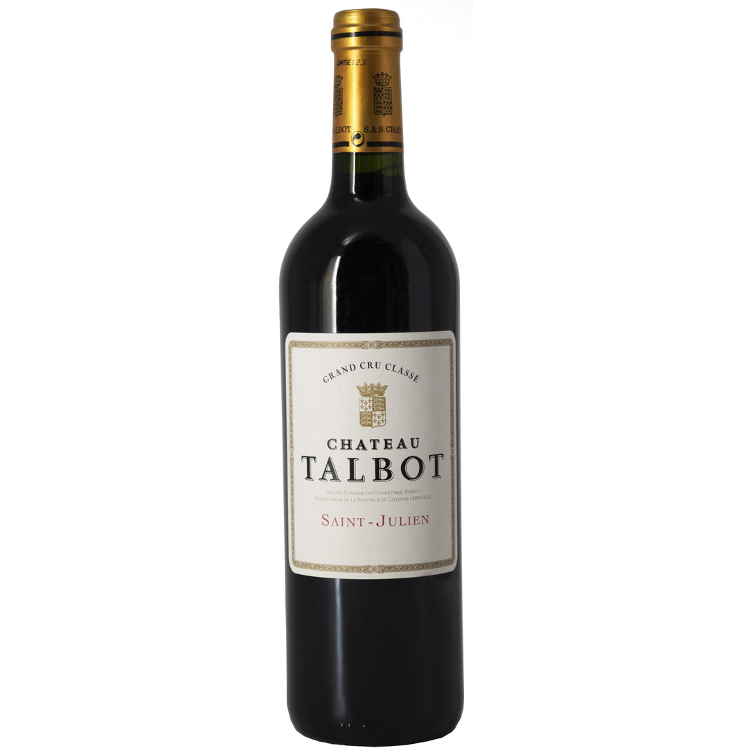 A bottle of Château Talbot Saint-Julien, a prestigious Grand Cru Classé Bordeaux wine, showcasing its elegant label and deep red hue.