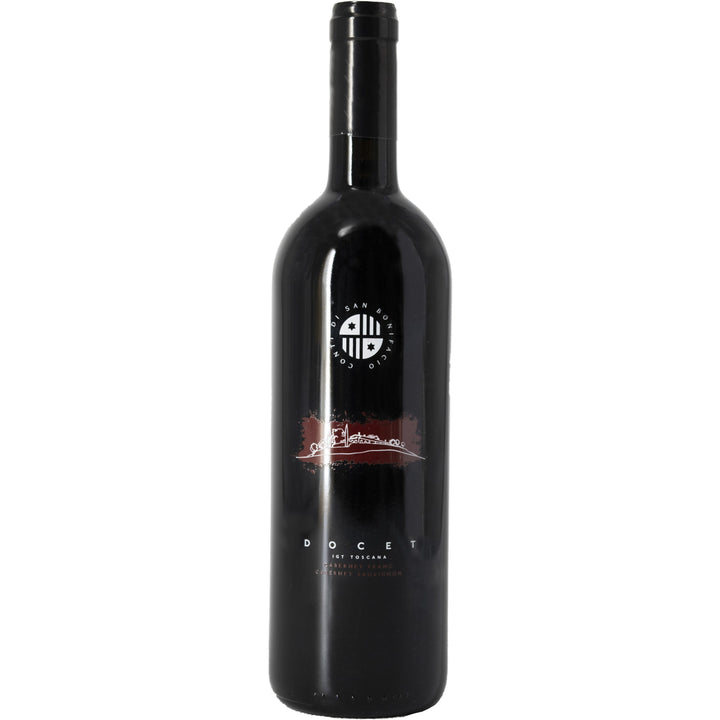 A bottle of Conti di San Bonifacio Docet IGT Toscana red wine, featuring a blend of Merlot, Cabernet Franc, and Cabernet Sauvignon.