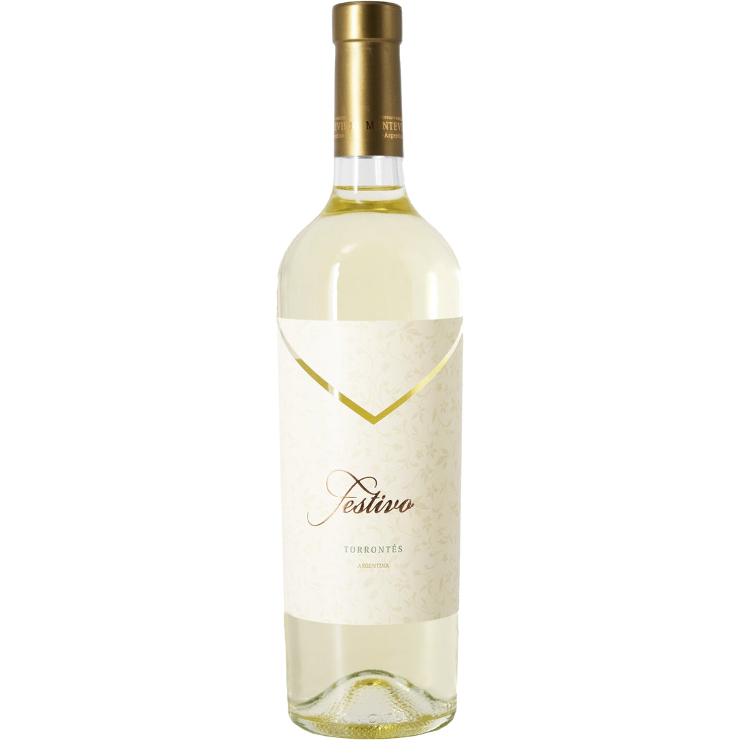 Festivo Torrontés white wine bottle from Argentina. Elegant label with gold accents. Perfect for pairing with light meals or enjoying on its own.