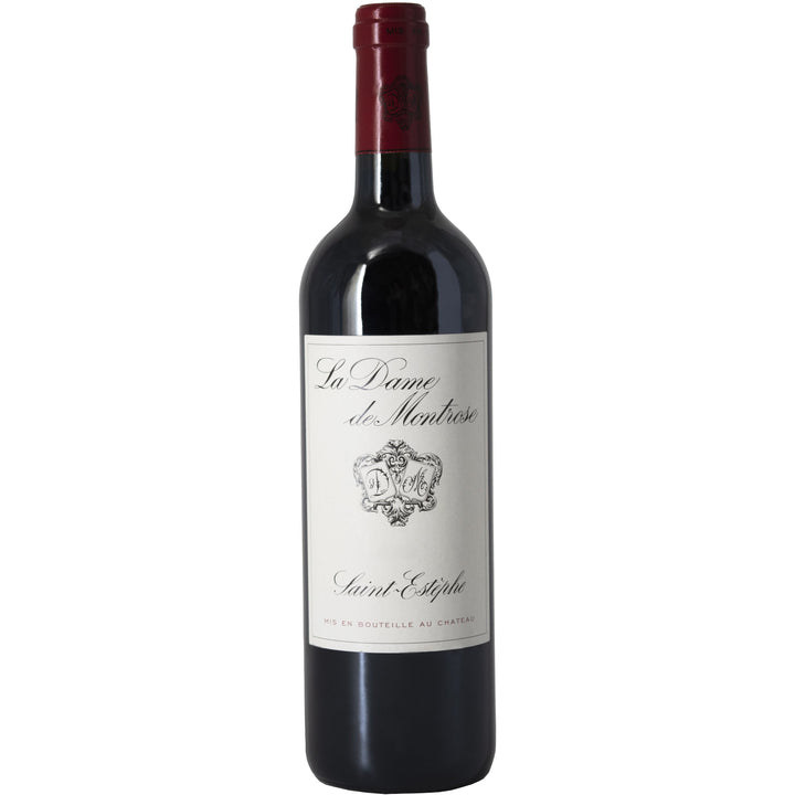 Bottle of La Dame de Montrose, a premium red wine from Saint-Estèphe, Bordeaux, offering rich fruit flavors, velvety tannins, and excellent aging potential.