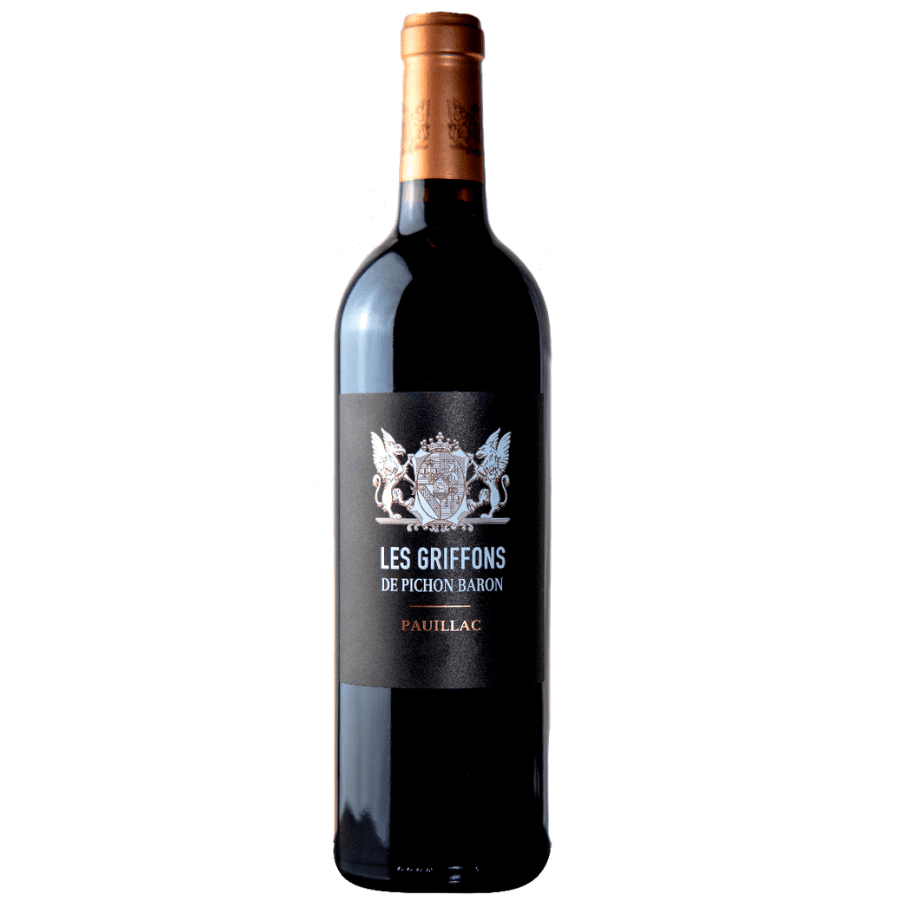 A bottle of Les Griffons de Pichon Baron Pauillac, a refined Bordeaux red wine with an elegant black label and copper foil capsule.