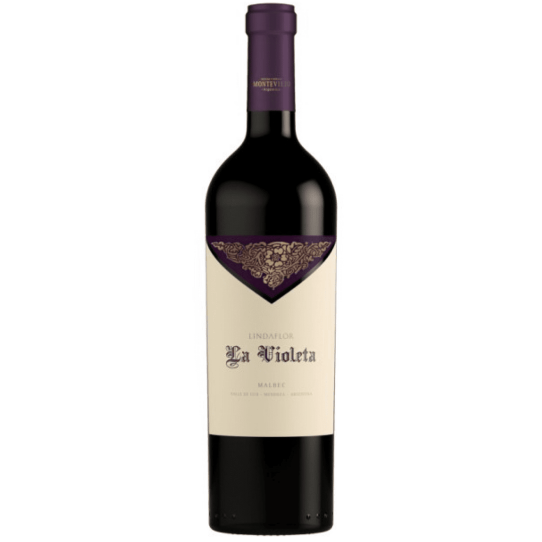 Bottle of Lindaflor La Violeta Malbec wine from Mendoza, Argentina, featuring a deep purple and cream label with an elegant design.