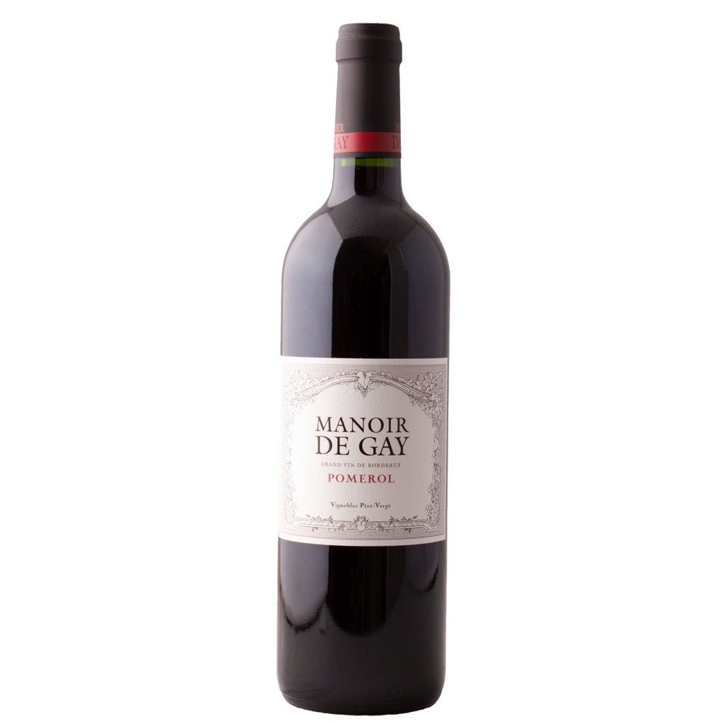 Bottle of Manoir de Gay Pomerol red wine from Bordeaux, France.