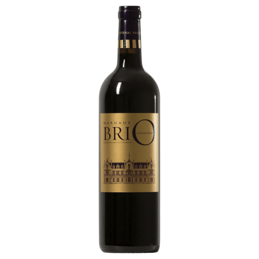 Bottle of Margaux Brio wine, showcasing its elegant gold label with an illustration of Château Cantenac Brown.