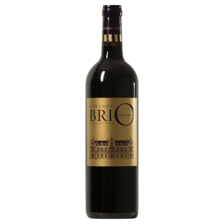 Bottle of Margaux Brio wine, showcasing its elegant gold label with an illustration of Château Cantenac Brown.