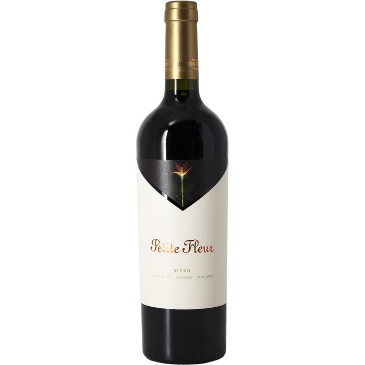 Bottle of Petite Fleur red blend wine from Valle de Uco, Mendoza, Argentina, featuring a delicate floral design on the label.