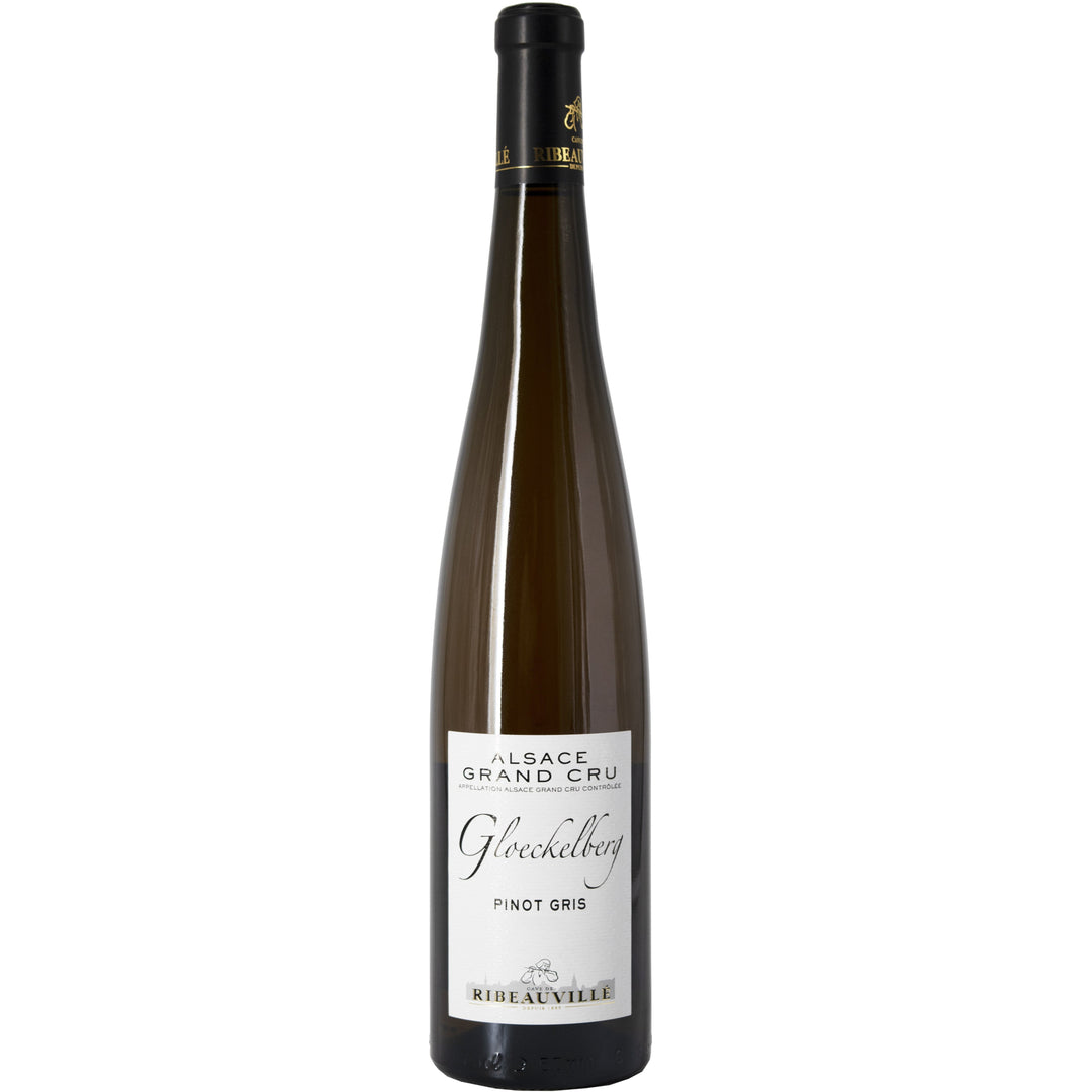 Ribeauvillé Glockelberg Pinot Gris Grand Cru 2011 white wine bottle from Alsace, featuring an elegant tall design with a white label and black capsule.