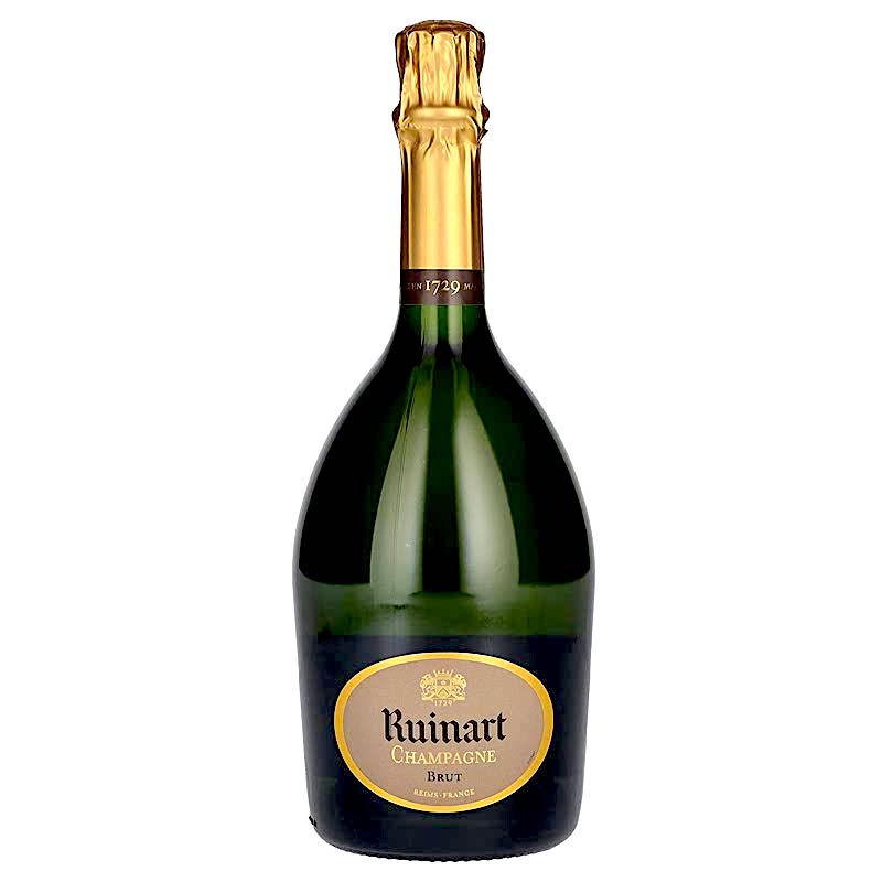 Ruinart Brut Champagne bottle showcasing its elegant design and golden label.