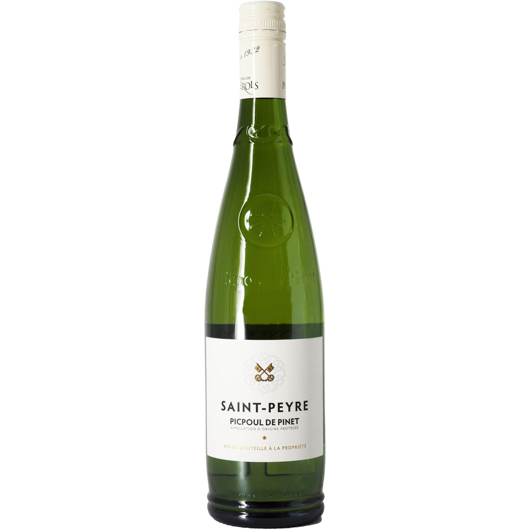 A bottle of Saint-Peyre Picpoul de Pinet white wine, featuring a bright green-tinted glass and a Mediterranean coastal heritage.