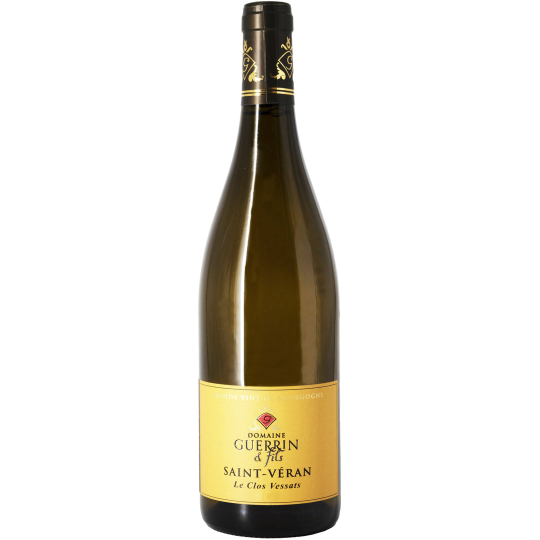 Bottle of Saint-Véran Le Clos Vessats from Domaine Guerrin, with an elegant golden label symbolising Burgundy's finesse.