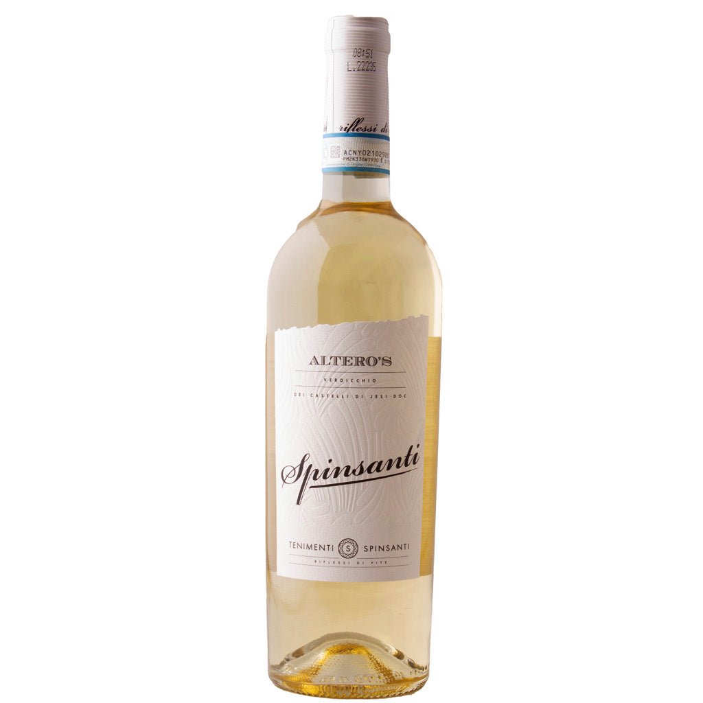 Bottle of Spinsanti Verdicchio Dei Castelli di Jesi DOC, showcasing a clear bottle with a light, crisp white wine.