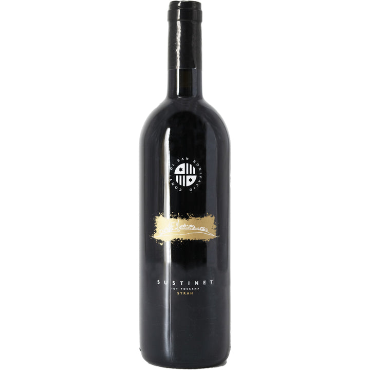 A bottle of Sustinet IGT Toscana Syrah, featuring a sleek black label with gold accents, representing an elegant Italian red wine.