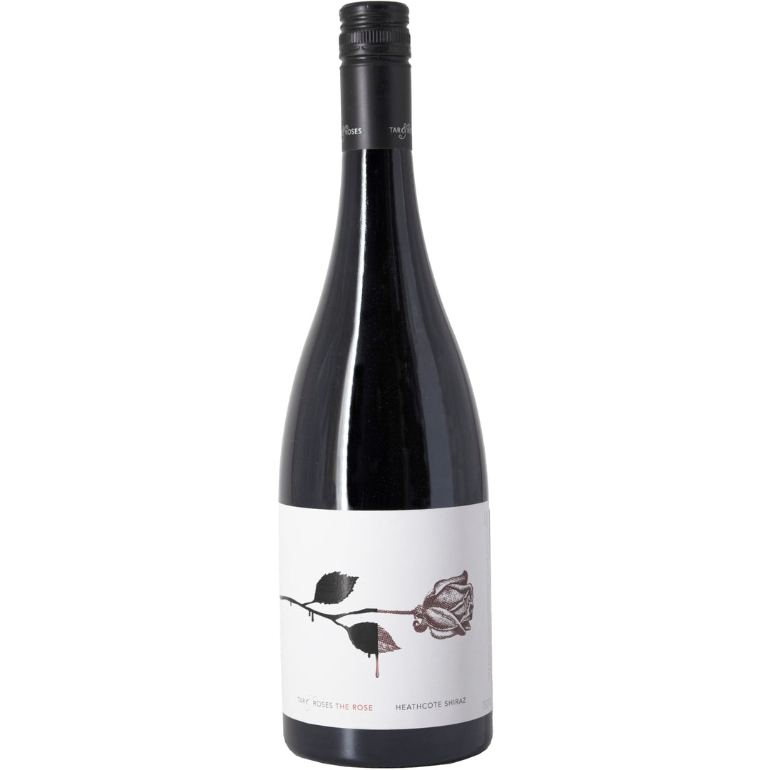 Bottle of Tar & Roses The Rose Heathcote Shiraz red wine, featuring a distinctive rose graphic on the label.