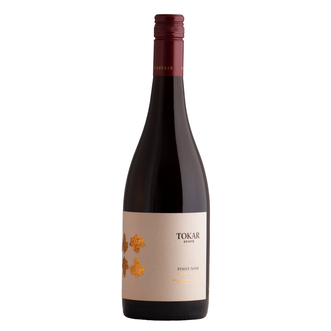 Tokar Estate Pinot Noir bottle from the Yarra Valley, featuring elegant gold-accented label design.