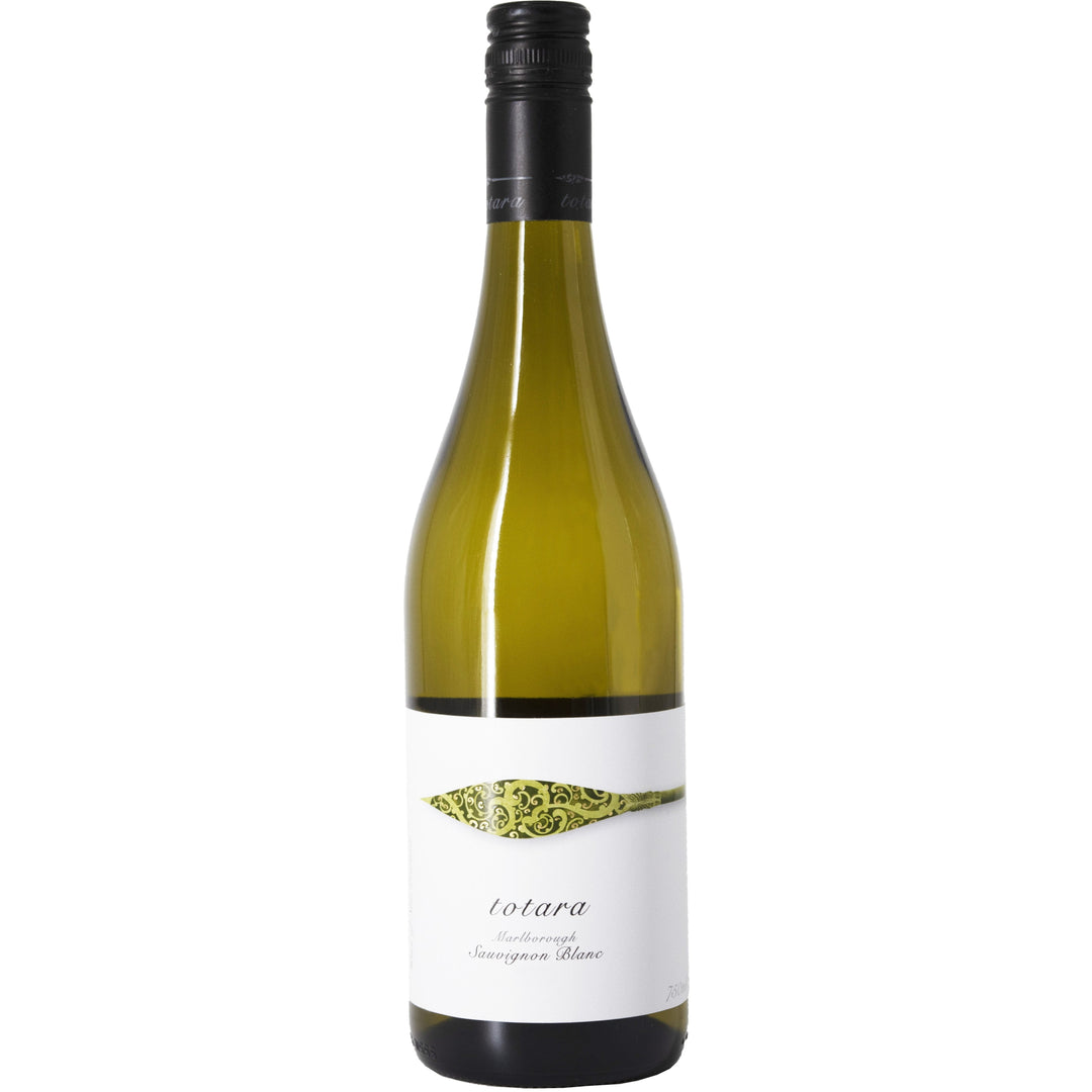 A bottle of Totara Marlborough Sauvignon Blanc with a white label featuring a decorative green pattern.