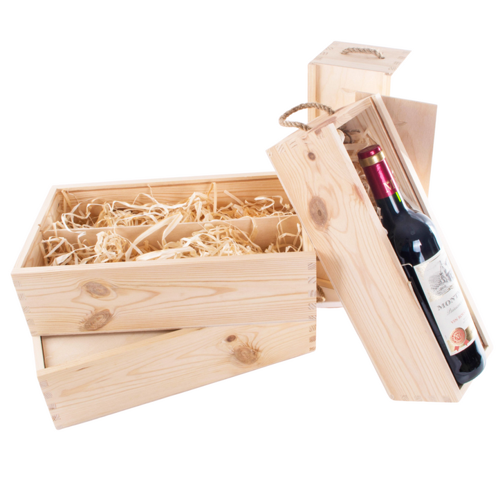 Wooden wine gift box with a single bottle of wine, filled with straw for protection and elegant presentation.